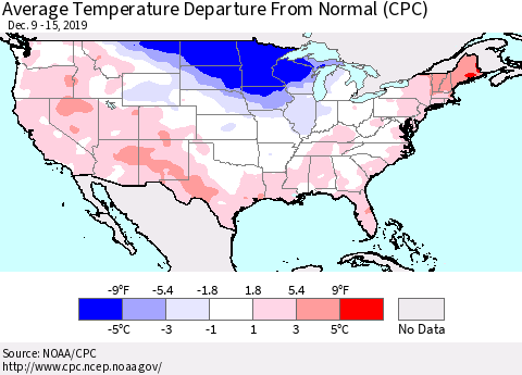 United States Average Temperature Departure From Normal (CPC) Thematic Map For 12/9/2019 - 12/15/2019