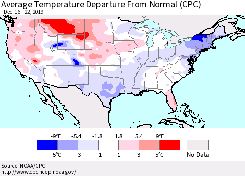 United States Average Temperature Departure from Normal (CPC) Thematic Map For 12/16/2019 - 12/22/2019