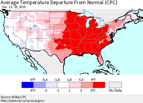 United States Average Temperature Departure From Normal (CPC) Thematic Map For 12/23/2019 - 12/29/2019