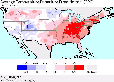 United States Average Temperature Departure from Normal (CPC) Thematic Map For 1/6/2020 - 1/12/2020