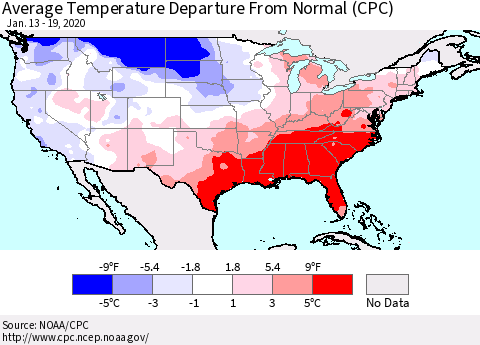 United States Average Temperature Departure From Normal (CPC) Thematic Map For 1/13/2020 - 1/19/2020