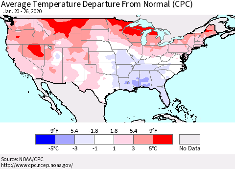 United States Average Temperature Departure from Normal (CPC) Thematic Map For 1/20/2020 - 1/26/2020