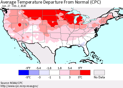 United States Average Temperature Departure From Normal (CPC) Thematic Map For 1/27/2020 - 2/2/2020