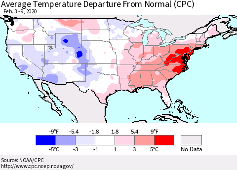 United States Average Temperature Departure from Normal (CPC) Thematic Map For 2/3/2020 - 2/9/2020