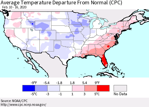 United States Average Temperature Departure From Normal (CPC) Thematic Map For 2/10/2020 - 2/16/2020