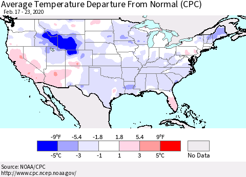 United States Average Temperature Departure From Normal (CPC) Thematic Map For 2/17/2020 - 2/23/2020