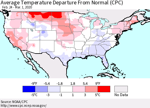 United States Average Temperature Departure From Normal (CPC) Thematic Map For 2/24/2020 - 3/1/2020