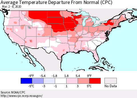 United States Average Temperature Departure From Normal (CPC) Thematic Map For 3/2/2020 - 3/8/2020