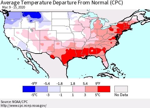United States Average Temperature Departure From Normal (CPC) Thematic Map For 3/9/2020 - 3/15/2020