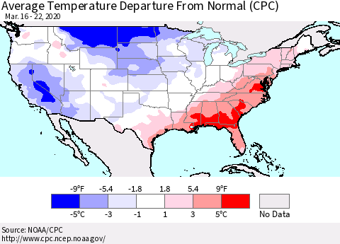 United States Average Temperature Departure From Normal (CPC) Thematic Map For 3/16/2020 - 3/22/2020