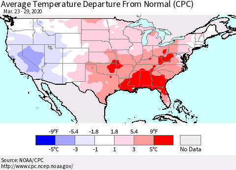 United States Average Temperature Departure From Normal (CPC) Thematic Map For 3/23/2020 - 3/29/2020