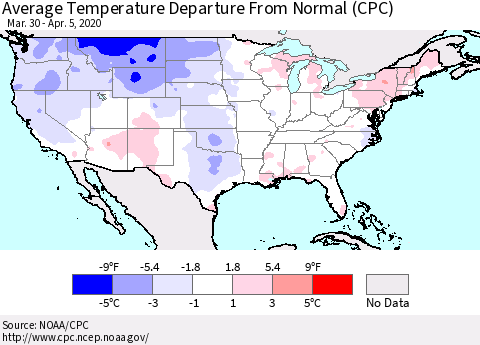 United States Average Temperature Departure From Normal (CPC) Thematic Map For 3/30/2020 - 4/5/2020