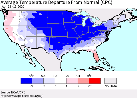 United States Average Temperature Departure from Normal (CPC) Thematic Map For 4/13/2020 - 4/19/2020