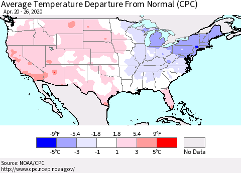 United States Average Temperature Departure From Normal (CPC) Thematic Map For 4/20/2020 - 4/26/2020