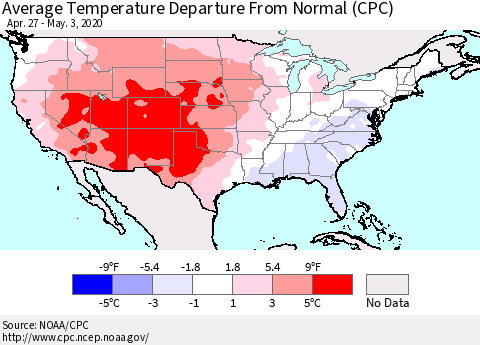 United States Average Temperature Departure from Normal (CPC) Thematic Map For 4/27/2020 - 5/3/2020
