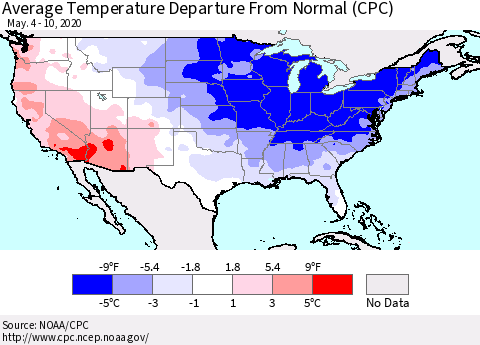 United States Average Temperature Departure From Normal (CPC) Thematic Map For 5/4/2020 - 5/10/2020