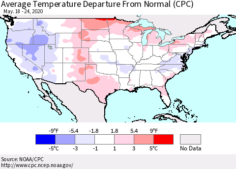 United States Average Temperature Departure from Normal (CPC) Thematic Map For 5/18/2020 - 5/24/2020