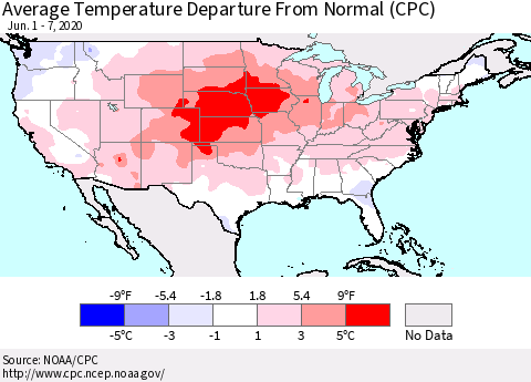 United States Average Temperature Departure From Normal (CPC) Thematic Map For 6/1/2020 - 6/7/2020