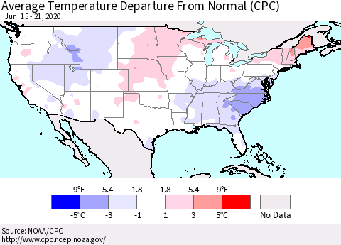 United States Average Temperature Departure From Normal (CPC) Thematic Map For 6/15/2020 - 6/21/2020