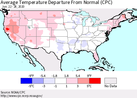 United States Average Temperature Departure From Normal (CPC) Thematic Map For 6/22/2020 - 6/28/2020