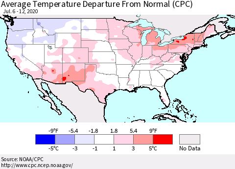 United States Average Temperature Departure From Normal (CPC) Thematic Map For 7/6/2020 - 7/12/2020
