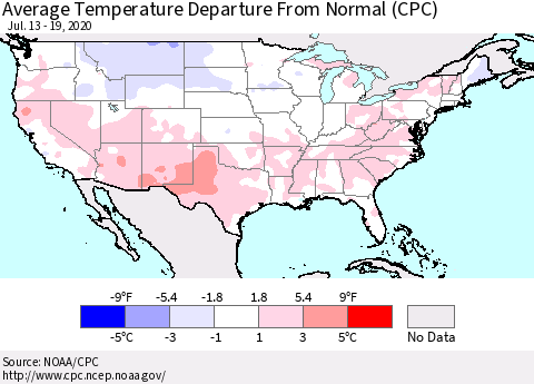 United States Average Temperature Departure from Normal (CPC) Thematic Map For 7/13/2020 - 7/19/2020