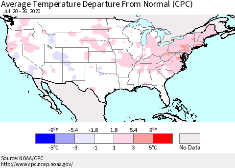 United States Average Temperature Departure From Normal (CPC) Thematic Map For 7/20/2020 - 7/26/2020