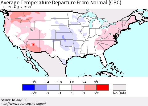 United States Average Temperature Departure From Normal (CPC) Thematic Map For 7/27/2020 - 8/2/2020