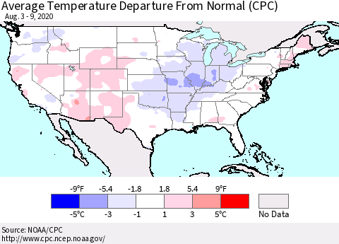 United States Average Temperature Departure from Normal (CPC) Thematic Map For 8/3/2020 - 8/9/2020