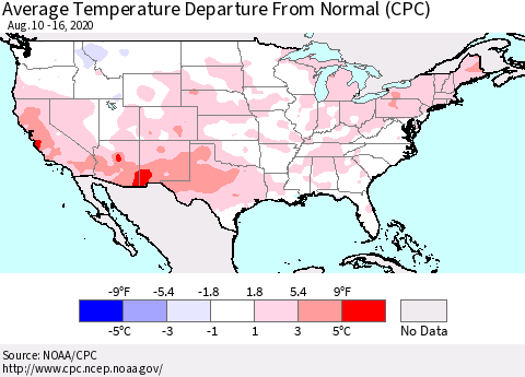 United States Average Temperature Departure From Normal (CPC) Thematic Map For 8/10/2020 - 8/16/2020