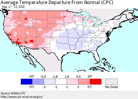 United States Average Temperature Departure From Normal (CPC) Thematic Map For 8/17/2020 - 8/23/2020