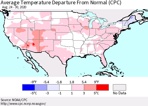 United States Average Temperature Departure From Normal (CPC) Thematic Map For 8/24/2020 - 8/30/2020