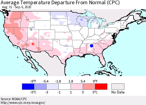 United States Average Temperature Departure From Normal (CPC) Thematic Map For 8/31/2020 - 9/6/2020