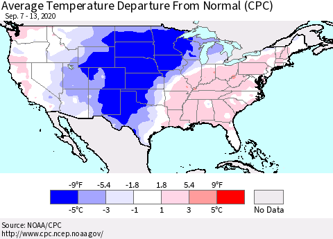 United States Average Temperature Departure From Normal (CPC) Thematic Map For 9/7/2020 - 9/13/2020