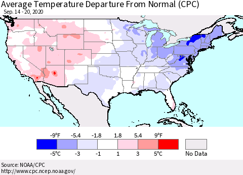 United States Average Temperature Departure from Normal (CPC) Thematic Map For 9/14/2020 - 9/20/2020