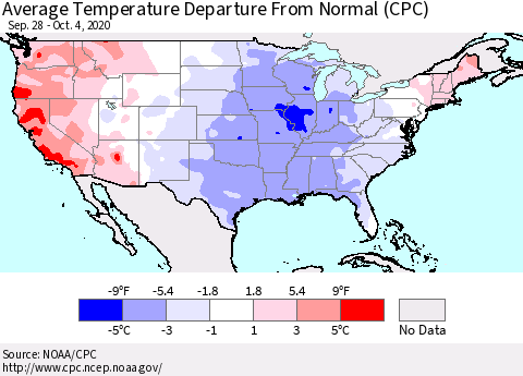 United States Average Temperature Departure From Normal (CPC) Thematic Map For 9/28/2020 - 10/4/2020