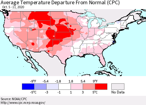 United States Average Temperature Departure From Normal (CPC) Thematic Map For 10/5/2020 - 10/11/2020