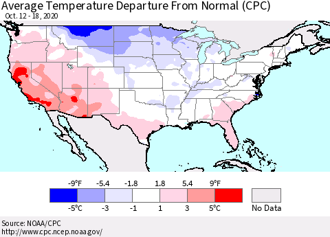 United States Average Temperature Departure from Normal (CPC) Thematic Map For 10/12/2020 - 10/18/2020