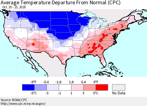 United States Average Temperature Departure From Normal (CPC) Thematic Map For 10/19/2020 - 10/25/2020