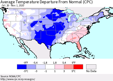 United States Average Temperature Departure from Normal (CPC) Thematic Map For 10/26/2020 - 11/1/2020