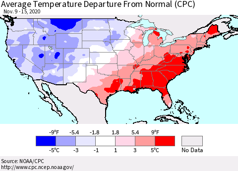 United States Average Temperature Departure From Normal (CPC) Thematic Map For 11/9/2020 - 11/15/2020