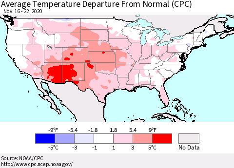 United States Average Temperature Departure From Normal (CPC) Thematic Map For 11/16/2020 - 11/22/2020