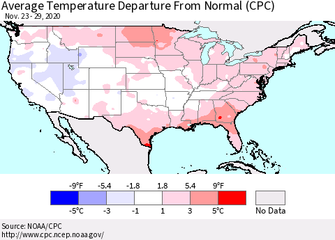 United States Average Temperature Departure From Normal (CPC) Thematic Map For 11/23/2020 - 11/29/2020