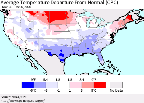 United States Average Temperature Departure From Normal (CPC) Thematic Map For 11/30/2020 - 12/6/2020
