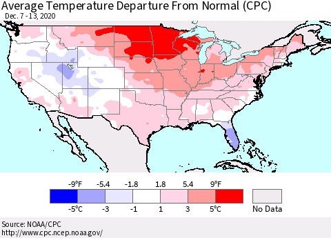 United States Average Temperature Departure from Normal (CPC) Thematic Map For 12/7/2020 - 12/13/2020