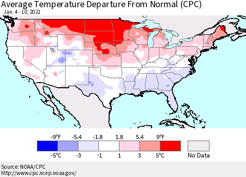 United States Average Temperature Departure From Normal (CPC) Thematic Map For 1/4/2021 - 1/10/2021