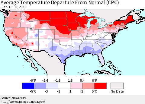 United States Average Temperature Departure From Normal (CPC) Thematic Map For 1/11/2021 - 1/17/2021