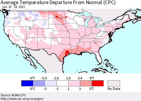 United States Average Temperature Departure From Normal (CPC) Thematic Map For 1/18/2021 - 1/24/2021