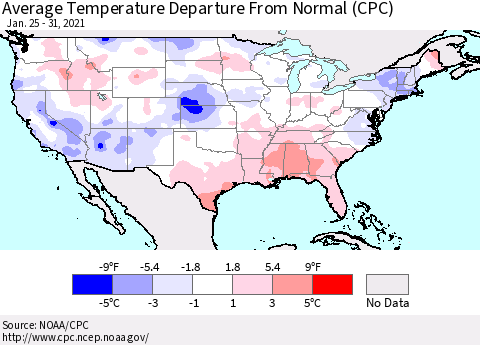 United States Average Temperature Departure From Normal (CPC) Thematic Map For 1/25/2021 - 1/31/2021