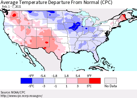 United States Average Temperature Departure From Normal (CPC) Thematic Map For 2/1/2021 - 2/7/2021